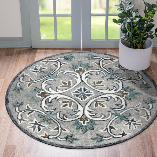 6 Round Gray and White Filigree Area Rug