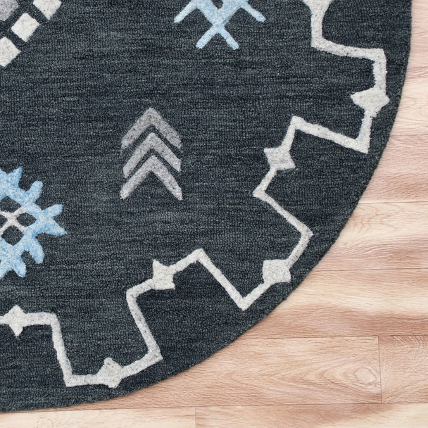 5 Round Charcoal Geometric Border Area Rug