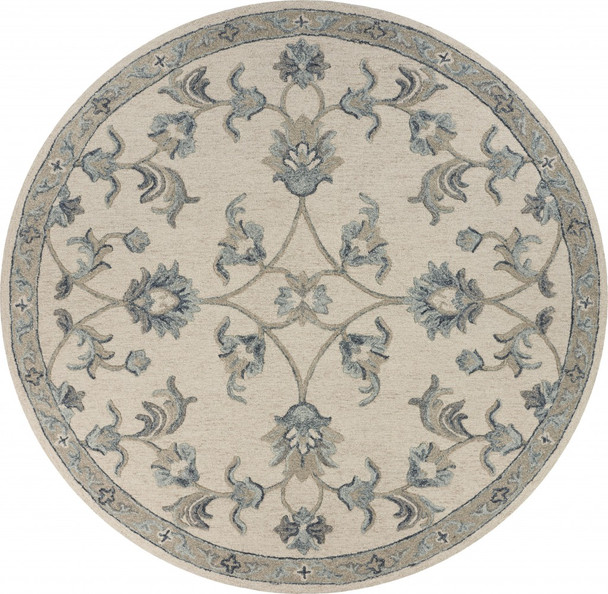 5 Round Beige and Blue Filigree Area Rug