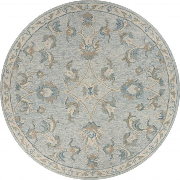 5 Round Blue and Cream Filigree Area Rug