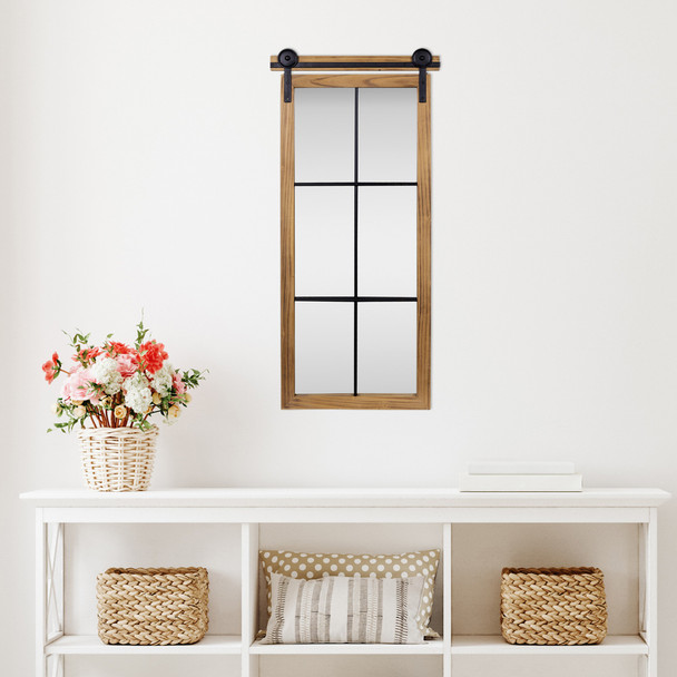 Farmhouse Style Brown Wooden Window Pane Wall Mirror