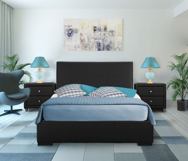 Black Upholstered Platform Queen Bed with Two Nightstands