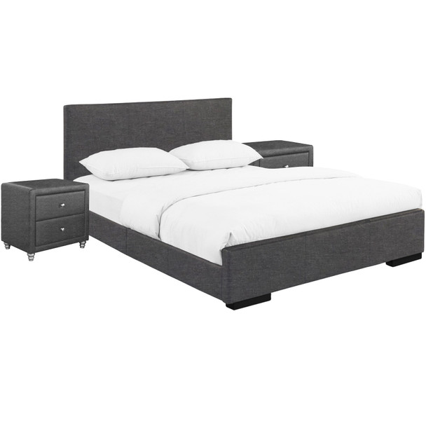 Grey Upholstered Platform Queen Bed with Two Nightstands