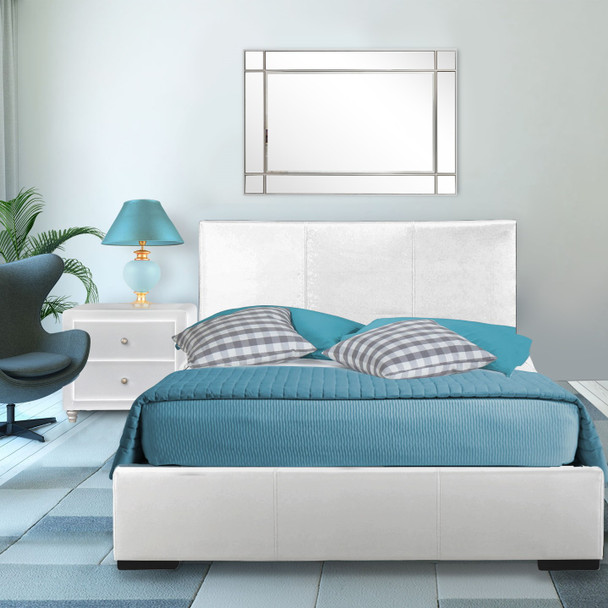 White Upholstered Full Platform Bed with Nightstand