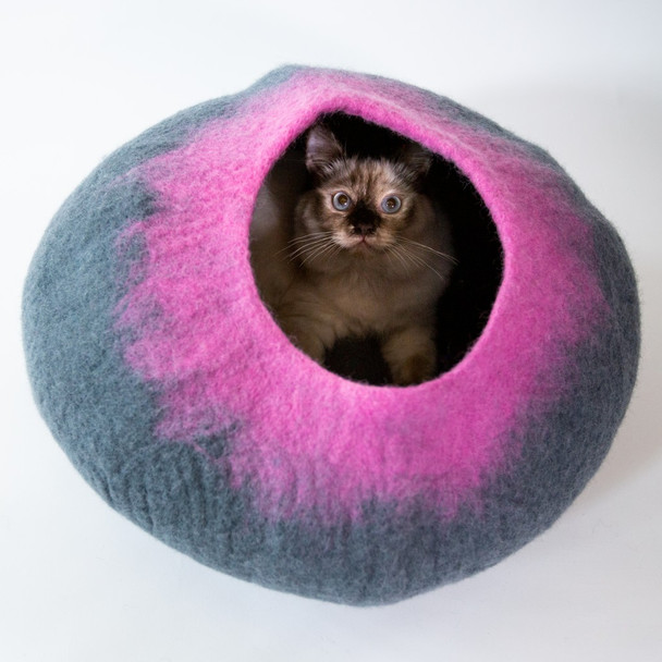 Grey and Pink Cat Cave Bed