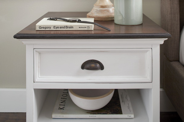 Distressed White and Deep Brown Nightstand With Shelves