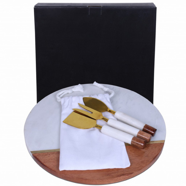 12"  Wood and Marble and Gold Cheese Board and Knife Set