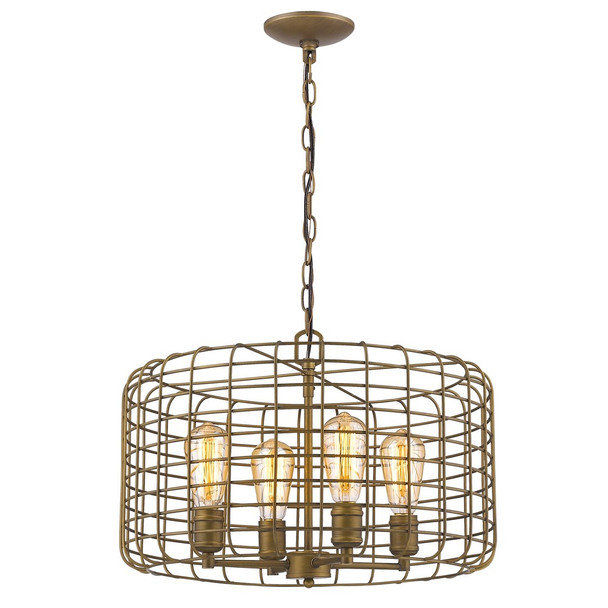 Lynden 4-Light Raw Brass Drum Pendant With Wire Cage Shade