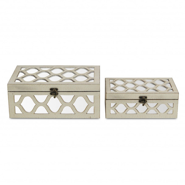 Set of White Quatrefoil Mirror Jewelry Storage Boxes