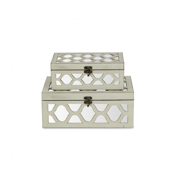 Set of White Quatrefoil Mirror Jewelry Storage Boxes