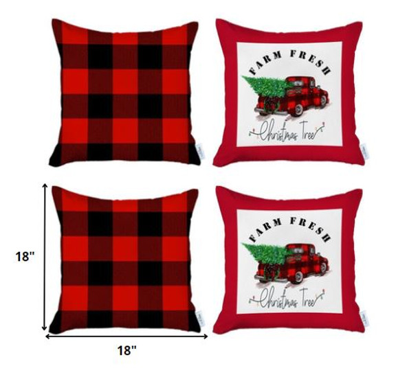 Set of 4 Red Plaid and Red Truck Throw Pillows