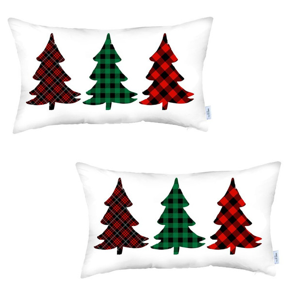 Set of 2 Christmas Tree Trio Plaid Lumbar Throw Pillows