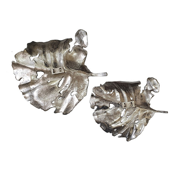 Set of 2 Shiny Silver Leaves Wall Art