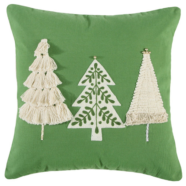 Boho Christmas Tree Trio Green and Cream Decorative Throw Pillow