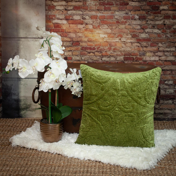 Olive Quilted Velvet Square Throw Pillow