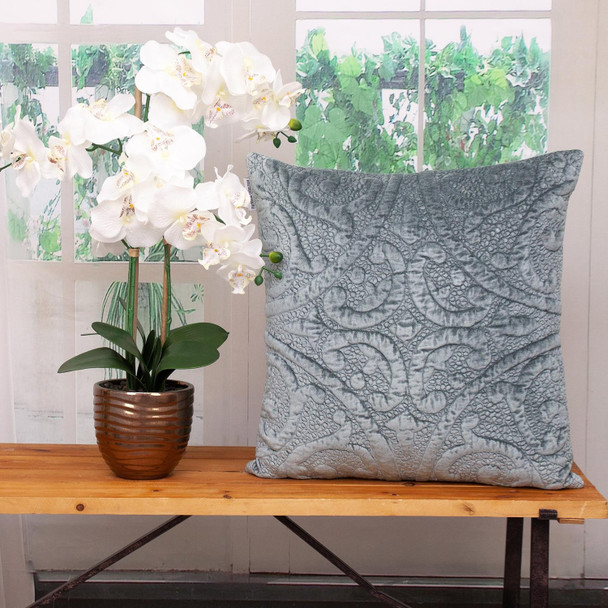 Seafoam Gray Quilted Velvet Square Throw Pillow
