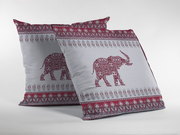 18 Red White Ornate Elephant Zippered Suede Throw Pillow