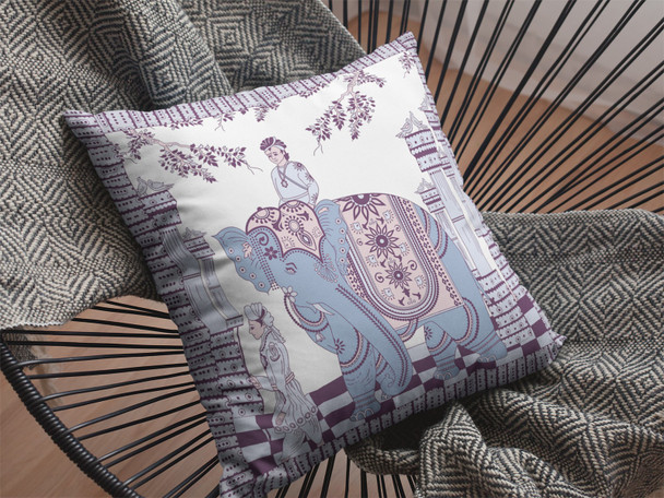 18 Blue Purple Ornate Elephant Zippered Suede Throw Pillow