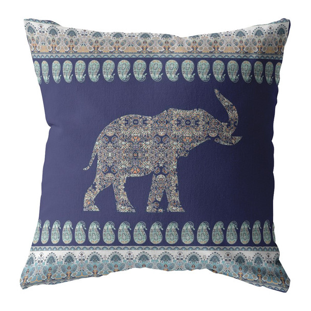 16 Navy Ornate Elephant Zippered Suede Throw Pillow