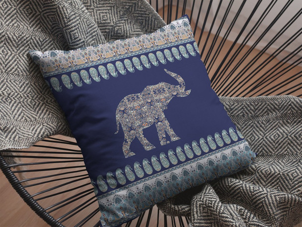 18 Navy Ornate Elephant Zippered Suede Throw Pillow