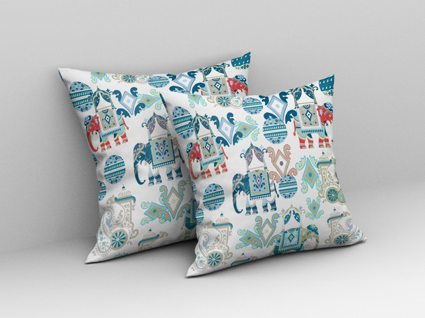 26" Blue White Tribal Indoor Outdoor Zip Throw Pillow