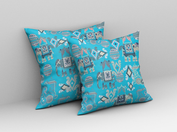 20" Cyan Gray Tribal Indoor Outdoor Zip Throw Pillow