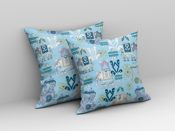 26" Sky Blue Tribal Indoor Outdoor Zip Throw Pillow