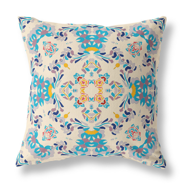 18" Blue White Filigree Indoor Outdoor Zip Throw Pillow