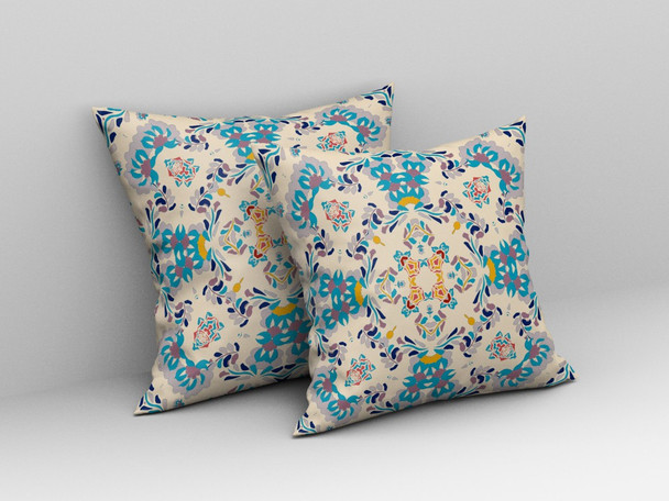 26" Blue White Filigree Indoor Outdoor Zip Throw Pillow