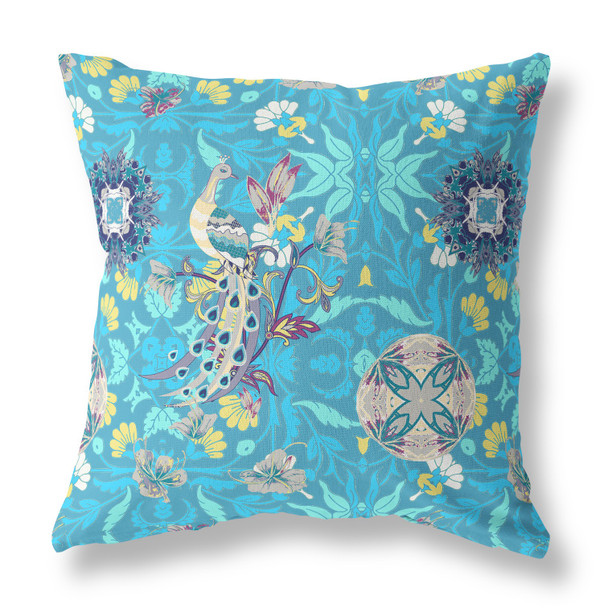 18" Turquoise Peacock Indoor Outdoor Zip Throw Pillow