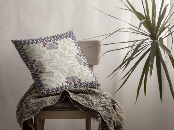 28" Gray Floral Frame Indoor Outdoor Throw Pillow