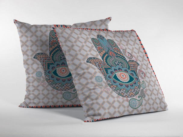 26 Blue Gray Hamsa Indoor Outdoor Throw Pillow