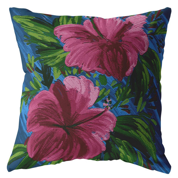 16 Pink Blue Hibiscus Indoor Outdoor Throw Pillow
