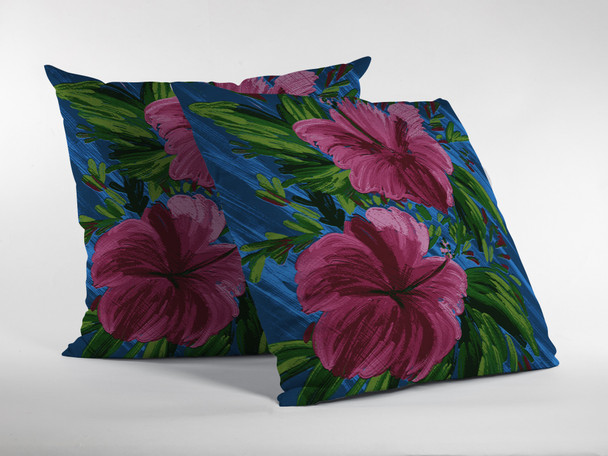 16 Pink Blue Hibiscus Indoor Outdoor Throw Pillow