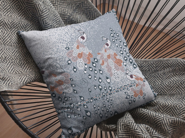 16 Gray Orange Boho Bird Indoor Outdoor Throw Pillow