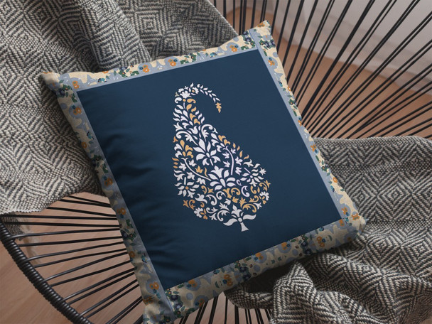 18 Orange Navy Paisley Indoor Outdoor Throw Pillow