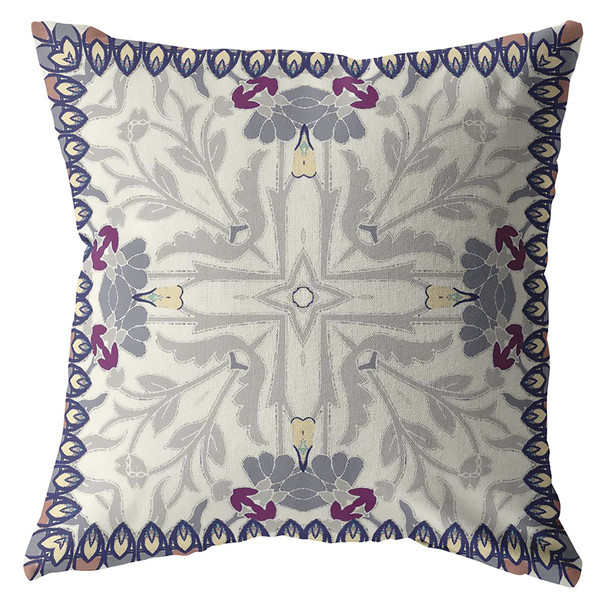 26" Gray Floral Frame Indoor Outdoor Zippered Throw Pillow