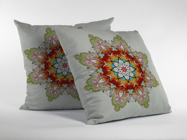 20" Orange Green Mandala Indoor Outdoor Zip Throw Pillow