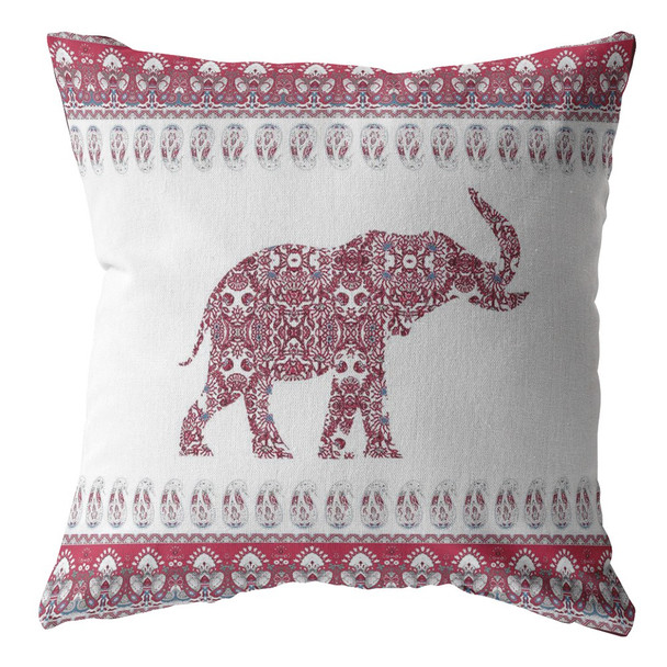 16 Red White Ornate Elephant Indoor Outdoor Zippered Throw Pillow