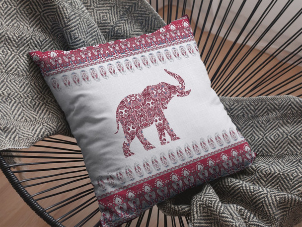 16 Red White Ornate Elephant Indoor Outdoor Zippered Throw Pillow