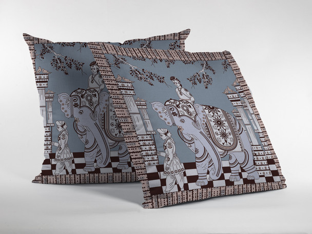 20 Blue Brown Ornate Elephant Indoor Outdoor Zippered Throw Pillow