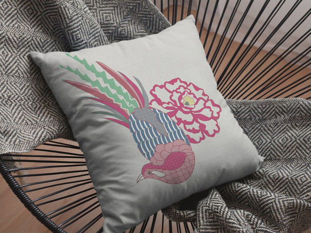 16 Pink White Peacock Indoor Outdoor Zippered Throw Pillow