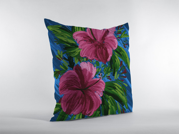 20 Pink Blue Hibiscus Indoor Outdoor Zippered Throw Pillow