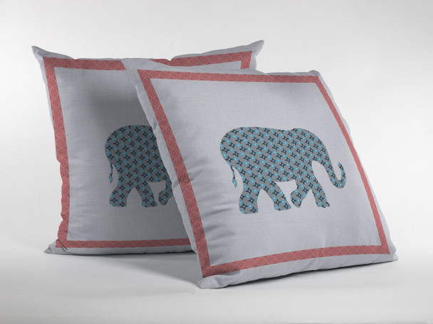 26 Blue Pink Elephant Indoor Outdoor Zippered Throw Pillow