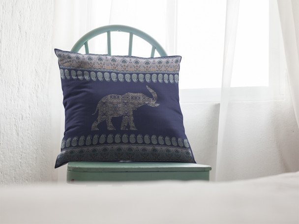 16 Navy Ornate Elephant Indoor Outdoor Zippered Throw Pillow