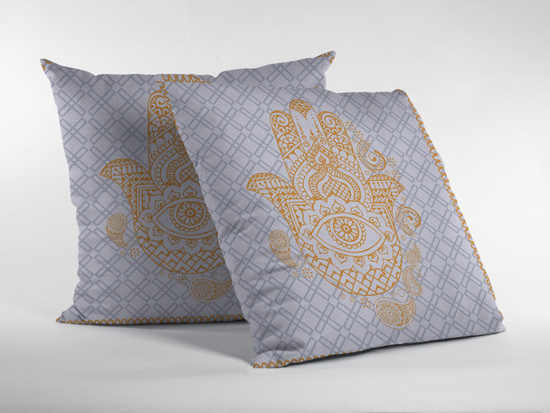 16 Gold Gray Hamsa Boho Suede Throw Pillow