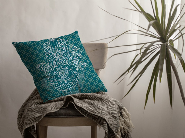 20 Teal White Hamsa Boho Suede Throw Pillow