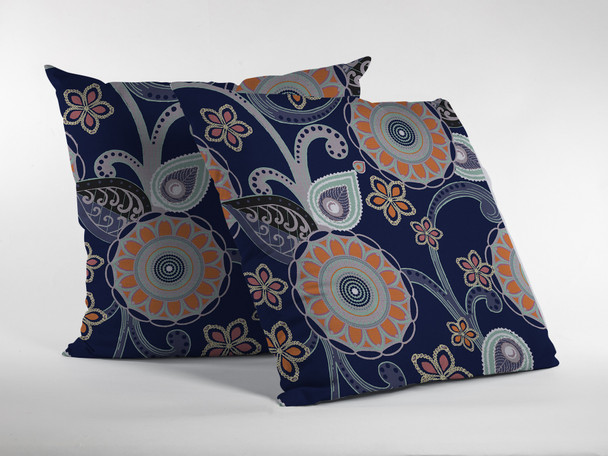 20 Indigo Orange Floral Suede Throw Pillow