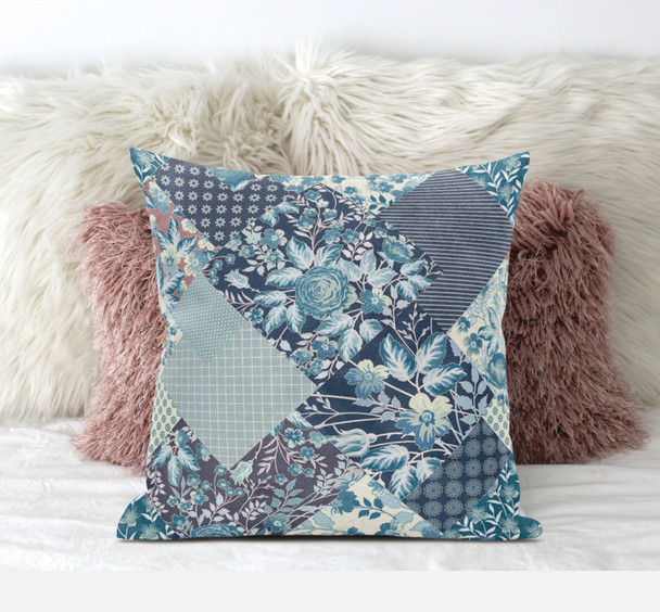 18" Blue White Floral Zippered Suede Throw Pillow