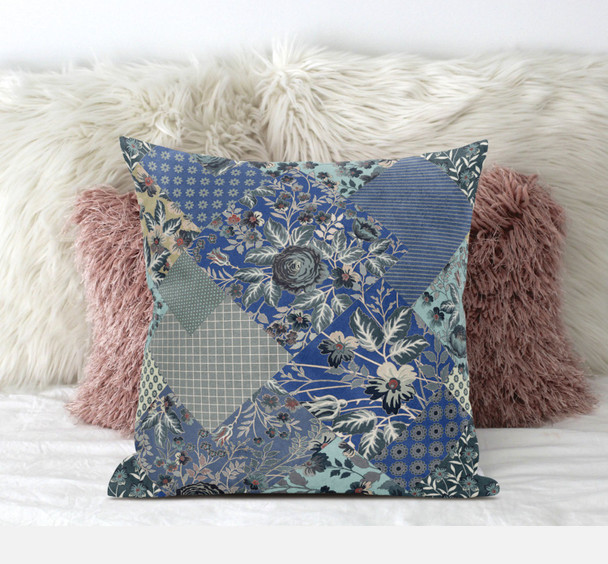 16" Blue Gray Floral Zippered Suede Throw Pillow